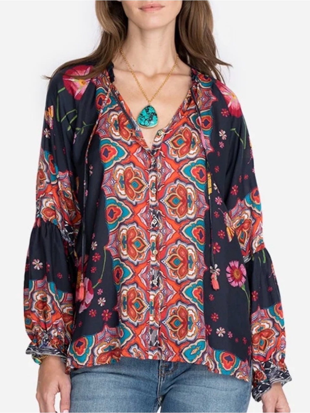 Johnny Was Lindero Scarlett Blouse Top Multi Color 100% Silk Bohemian Size XXS